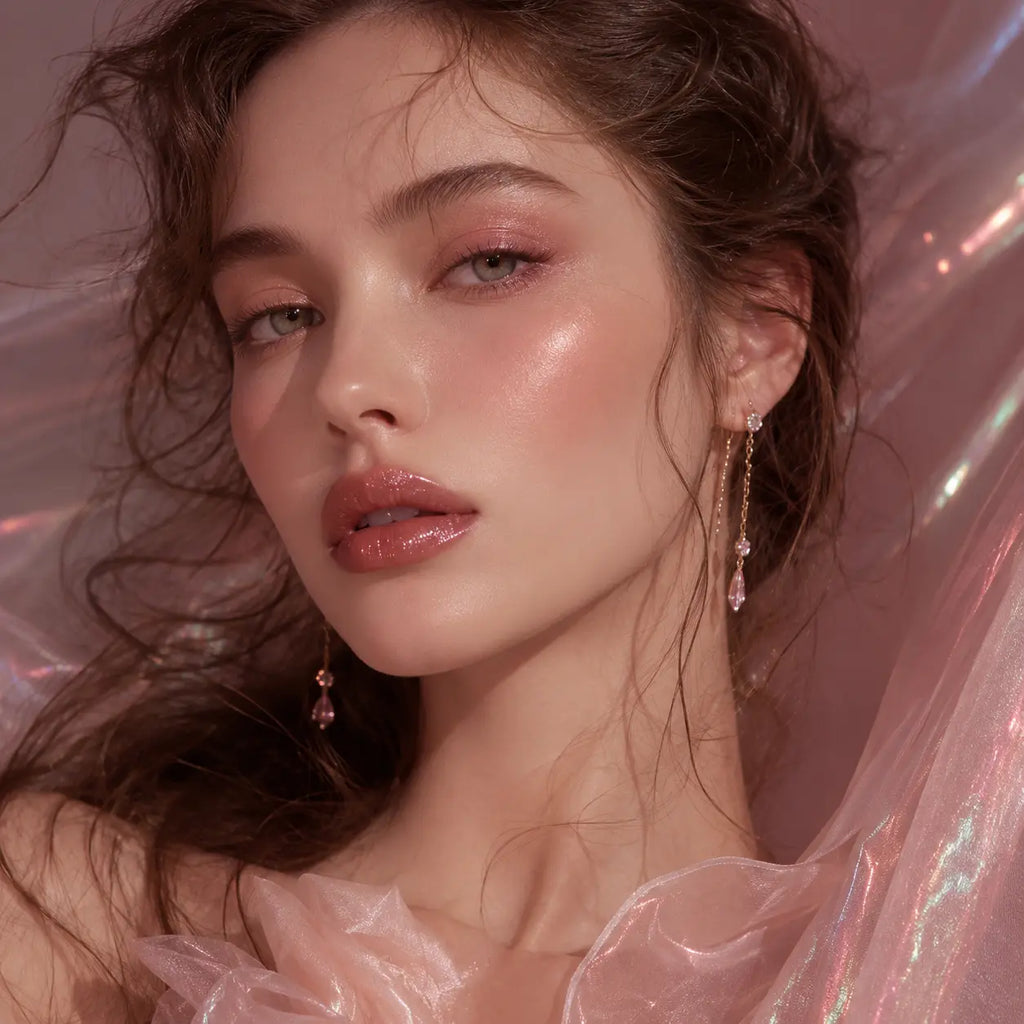 Close-up of a woman with pink makeup and earrings against a pink background
