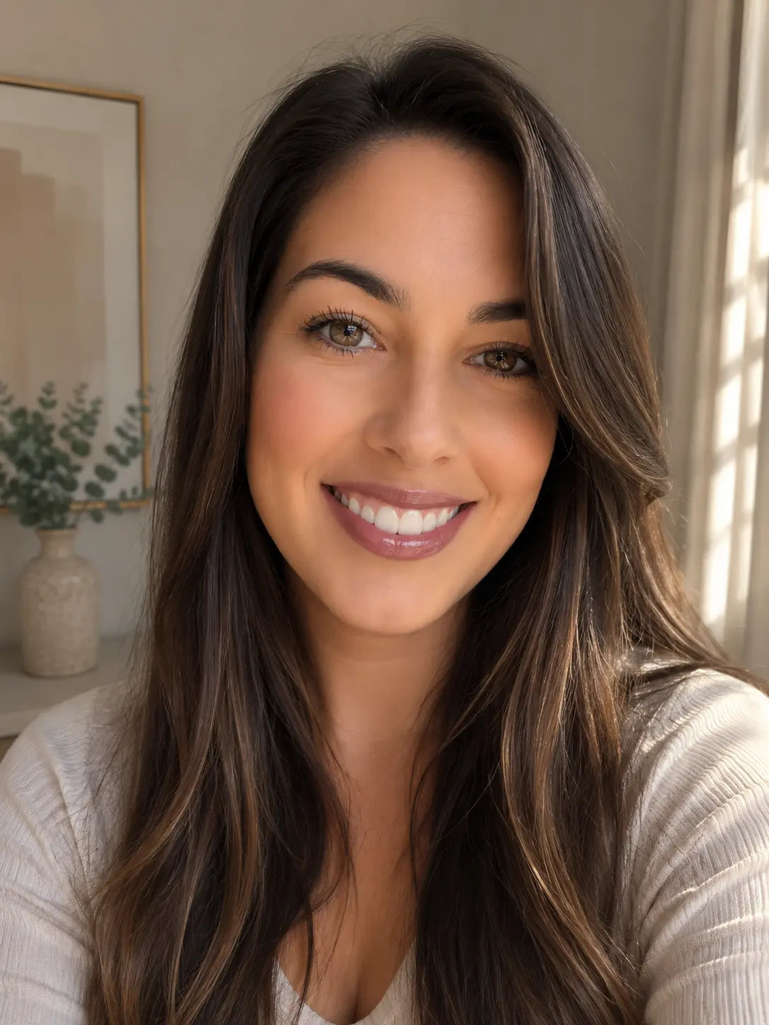 Woman with long brown hair smiling in a softly lit room.